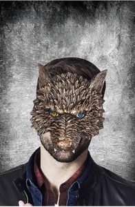 Detailed werewolf half mask with textured fur, fangs, and heterochromia eyes for cosplay