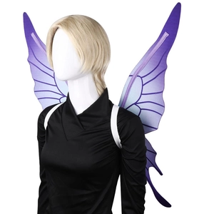 Close-up of purple gradient fairy wings with black vein patterns and elastic straps