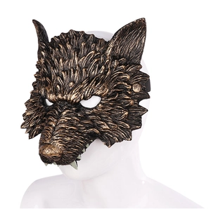 Detailed bronze werewolf mask showing realistic fur texture, muscle lines, and sharp fangs