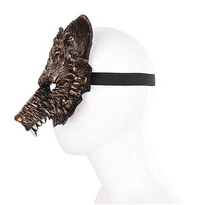 Side view of bronze metallic wolf half mask with detailed fur texture and elastic band