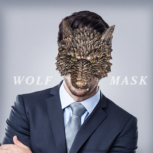 Antique bronze texture wolf mask with realistic fur carving and orange eyes for costume party