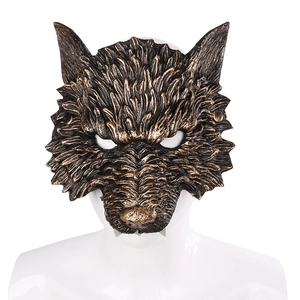 Lifelike bronze werewolf half-face mask with detailed fur texture on a mannequin