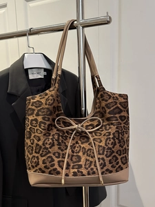 Leopard Print Shoulder Bag PU Leather Velvet Large Capacity Tote Handbag With Bowknot For Women Daily Work Commute