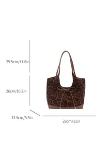 Retro leopard print tote bag dimensions and size chart showing strap height and width