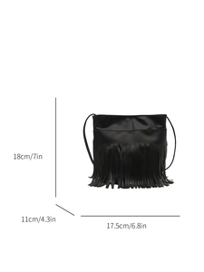 Modern black fringe crossbody bag with size dimensions 18x17.5x11cm on white background