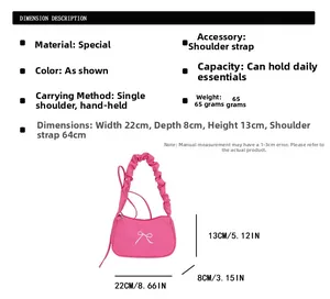 Pink fabric dumpling bag dimensions 22x8x13cm featuring white bow embroidery detail