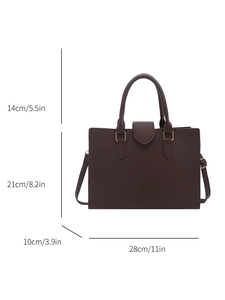 Chocolate brown tote bag with dimensions: 28cm width, 21cm height, and 10cm depth