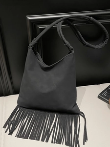 Women Tassel Shoulder Bag Faux Suede Bohemian Retro Large Capacity Hobo Handbag Long Fringe Travel Messenger