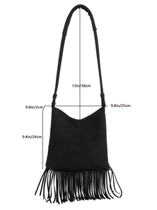 Black suede fringe handbag with long tassels and crossbody strap dimensions display