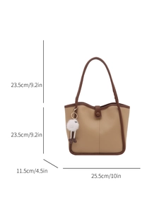 Chic two-tone khaki and brown PU leather underarm bag with cute plush pendant and dimensions