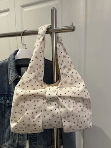 Women Sweet Bow Corduroy Tote Bag Heart Pattern Large Ribbon Shoulder Bag Japanese Retro Daily Commute Fashion Handbag