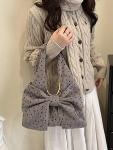 Gray corduroy tote bag with large bow decoration and heart prints for women