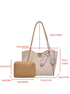 Two-piece minimalist tote bag set with dimensions and pink polka dot scarf detail