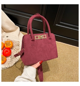 Close-up of burgundy frosted suede Kelly bag with elegant golden metal buckle and strap