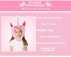 Pink unicorn plush hat detail showing dimensions 41x30cm for party costume events