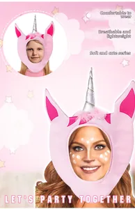 Pink unicorn party headpiece detail showing soft breathable plush and silver spiral horn