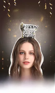Detail showing HAPPY NEW YEAR party headband with gold glitter and champagne glasses