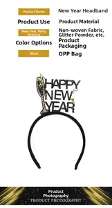 Macro shot of Happy New Year party headband with glitter champagne glass detail