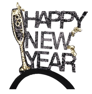 Close-up of Happy New Year headband with gold glitter letters and champagne glass detail