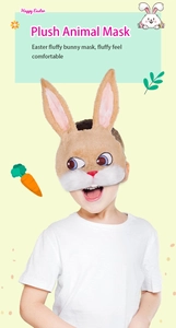 Detail of plush brown rabbit mask for children with fluffy texture for Easter parties