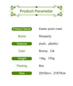 Detailed specifications chart for Easter plush bunny and cat mask with size and weight
