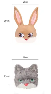 Size chart showing plush bunny and cat masks with 20x30cm and 19x21cm dimensions