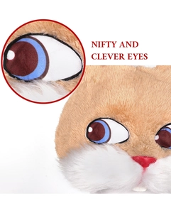 Detail of plush rabbit mask featuring clever blue eyes and soft faux fur texture