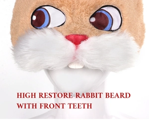 Detail of plush rabbit mask showing realistic white whiskers and large front teeth