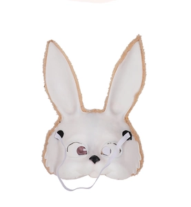 Detail of white rabbit party mask featuring plush fur trim and elastic head strap