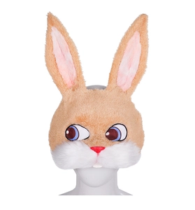Detail of plush brown rabbit mask with pink inner ears and blue embroidered eyes