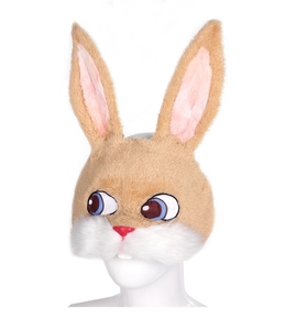 Close-up of plush rabbit mask featuring soft fur, blue eyes and long pink inner ears