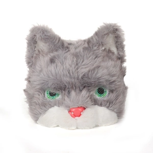 Detailed close-up of a grey plush cat mask with soft fur texture and vivid green eyes