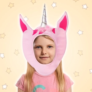 Pink unicorn photo booth prop with silver horn for kids birthday party costumes
