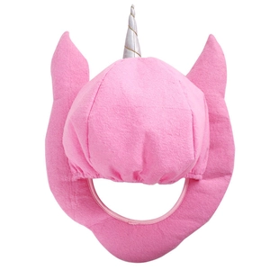Pink plush unicorn headgear with silver spiral horn and ears for parties