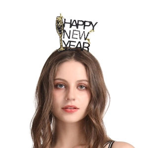 Sparkly Happy New Year headband with champagne glasses for 2025 party atmosphere