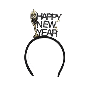 Black and gold glitter Happy New Year headband featuring a champagne glass for 2025 parties