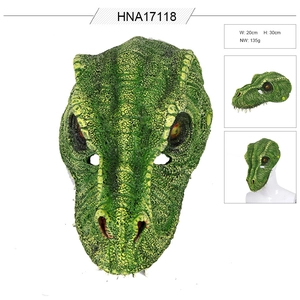 Detailed size view of realistic green 3D T-Rex dinosaur mask with 20x30cm measurements