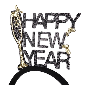Sparkly gold and black Happy New Year headband with festive champagne glass design for parties