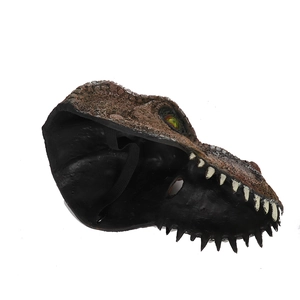 Close-up of 3D T-Rex dinosaur mask showing realistic brown skin texture and sharp teeth
