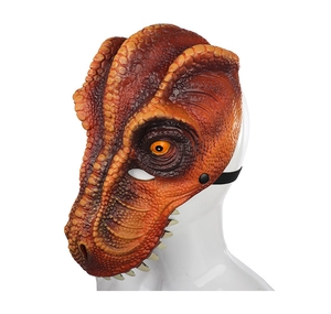 Detail view of the realistic texture and orange skin on a 3D dinosaur foam party mask