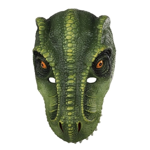 Detailed close-up of 3D T-Rex dinosaur mask featuring realistic green scale texture