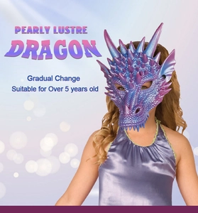 Detail of pearlescent blue-purple dragon mask with horn textures on a child model