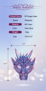 Detailed specs of the pearl blue 3D foam dragon mask with size and weight info