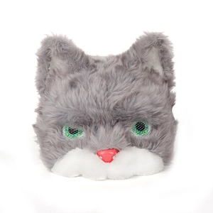 Plush cat mask with grey and white faux fur and sparkly green eyes for parties