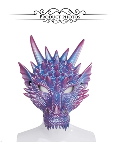 Detailed view of 3D dragon mask with metallic pearlescent blue and purple scales