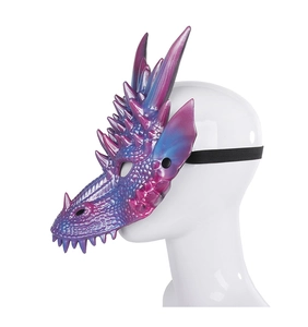 Detailed side view of 3D pearlescent blue dragon mask with realistic scales and horns