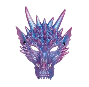 Detailed close-up of 3D blue pearlescent dragon mask with sharp horns and metallic scales