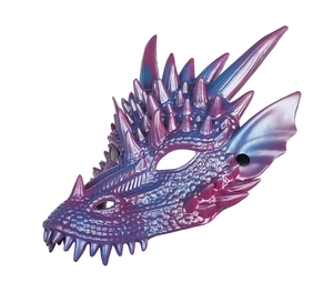 Detailed macro view of 3D dragon mask with blue-purple metallic gradient and scale texture