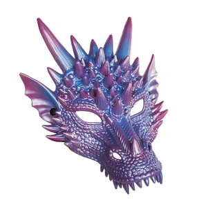 Macro detail of pearlescent blue and purple dragon mask with realistic scale textures
