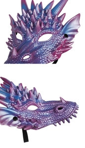 Detailed views of 3D dragon mask with blue-purple gradient scales and sharp spikes